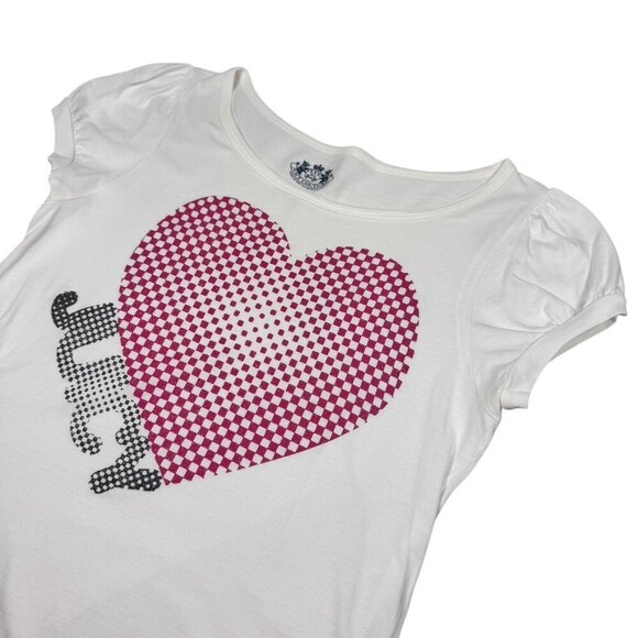 VTG Y2K Juicy Couture Graphic Tee Sz.L White Metallic Heart Logo Puff Sleeve - Picture 6 of 12
